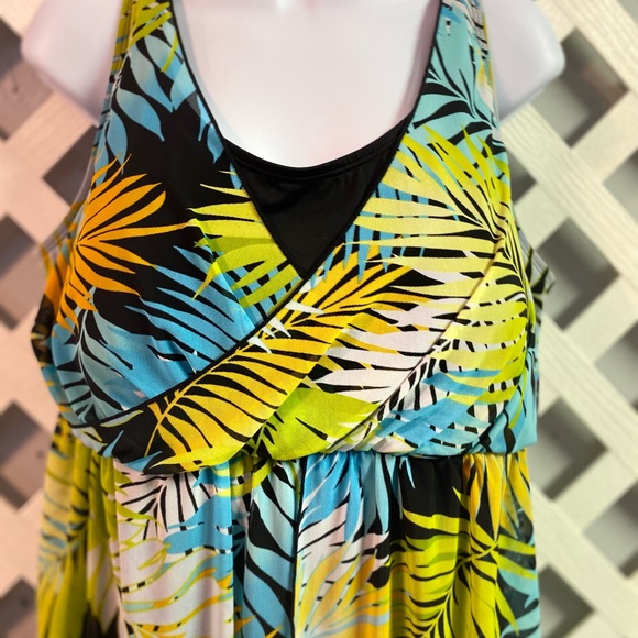 Denim & Co. Beach Printed V-Neck Surplice Swim Dress Black/Aqua/Palm Plus 20W - Picture 5 of 9
